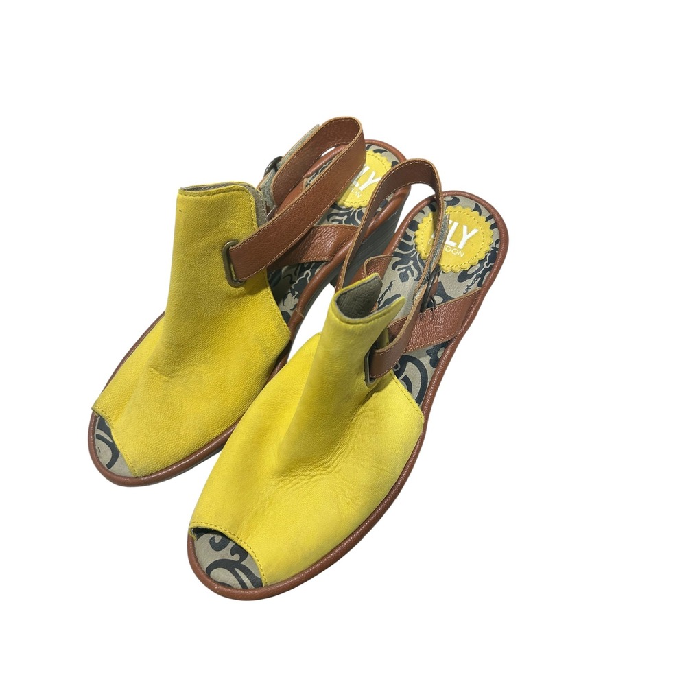 Fly London Yate Yellow Brown Leather Slingback Peep Toe Block Heel Sandals 39